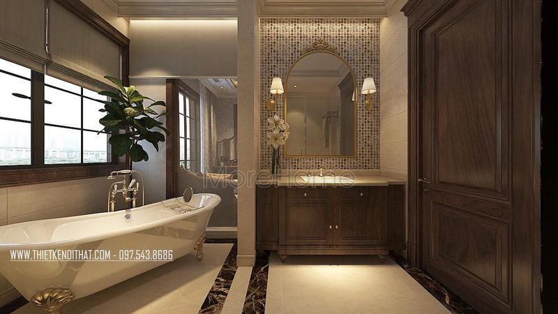 Phòng tắm có bồn tắm tân cổ điển thiết kế nội thất bay trí sắp xếp hợp lí mang tới không gian hiện đại và tiện nghi.