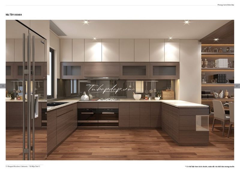 Chiêm ngưỡng mẫu thiết kế phòng bếp sang trọng mang phong cách hiện đại có hệ thống tủ bếp 2 tầng màu trắng - nâu tiện lợi để thấy những tính toán tỉ mỉ của các kiến trúc sư Morehome